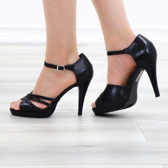 Shimmery Black Satin Platform Heeled Stiletto Sandal - Picture 7 of 11